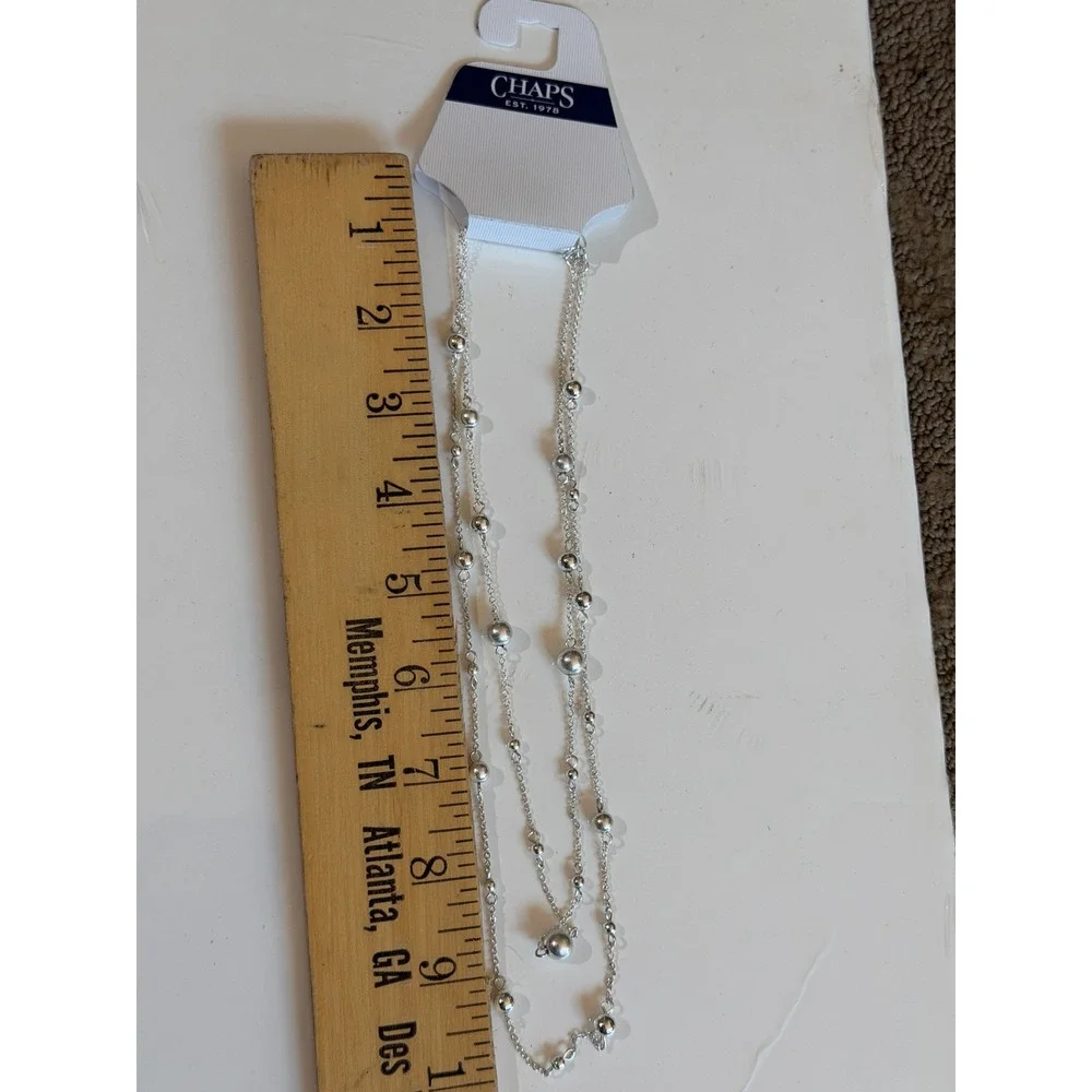 Chaps Silver Tone Double Strand Ball Bead‎ Layered Necklace Padlock Charm NWT